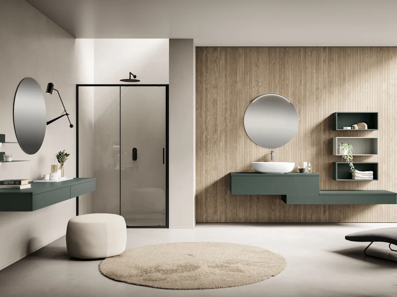 Mobile bagno con lavabo d'appoggio e mobile trucco oltre 300 finiture e colori - Made in Italy