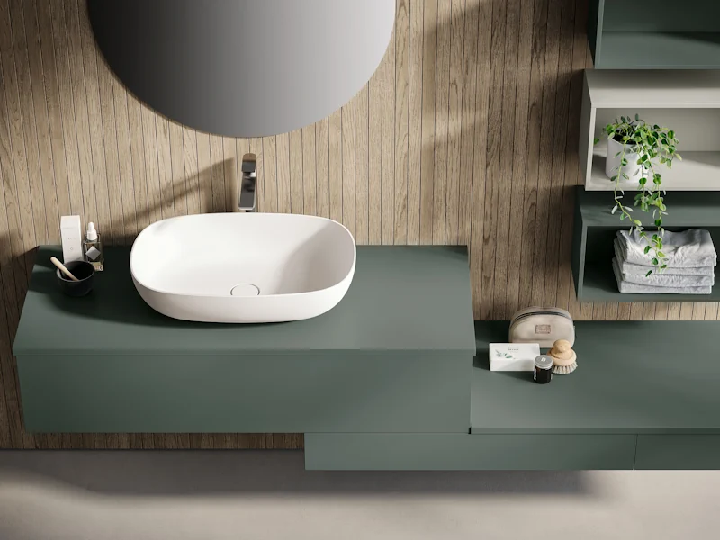 Mobile bagno con lavabo d'appoggio e mobile trucco oltre 300 finiture e colori - Made in Italy - immagine 2